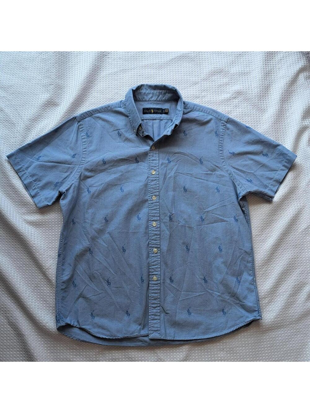 Ralph Lauren Shirt Men's L Short Sleeve Button Down Allover Pony Blue